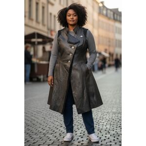 Metallic Leather Sleeveless Trench Dress Moto Vest Gothic Asymmetric Flare Coat